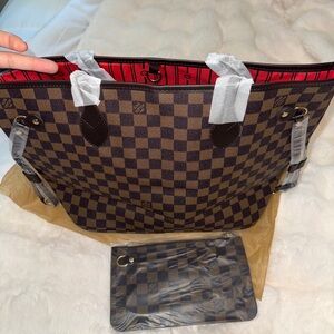 Checkered Brown Tote Bag with Red Interior